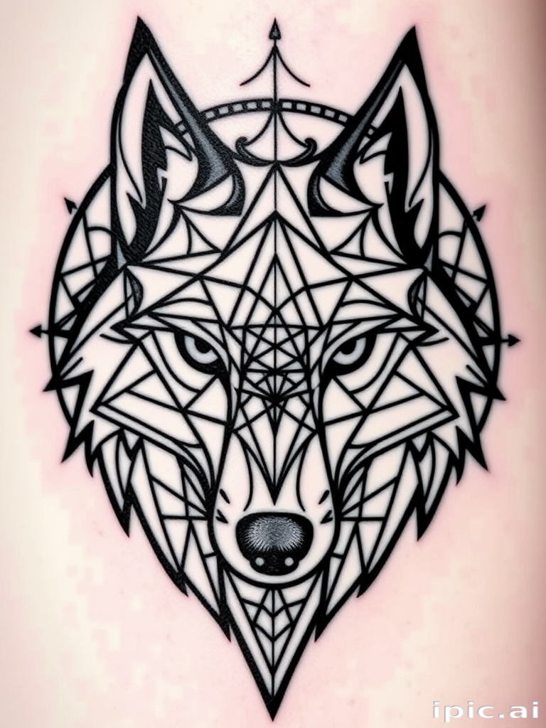 Geometric blackwork tattoo showcasing interconnected shapes and patterns forming a wolf's head, with precise linework and symmetry, called "Sacred Geometry Wolf"
