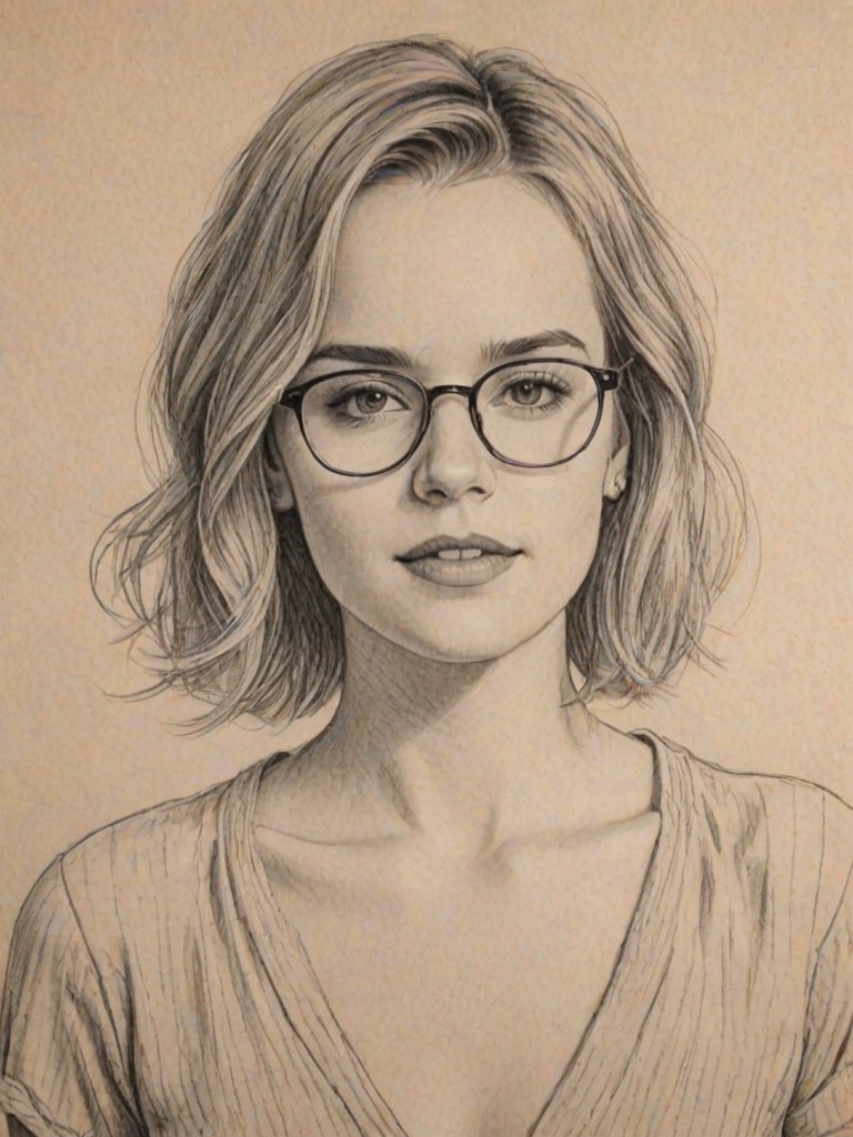 Graceful Bridgit Mendler, pencil sketch, portrait of Fetching woman 1928s in glasses, hair style beatnik, outline, clear lines, fine lines, 8k