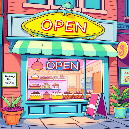 Generate a colorful illustration of a bakery storefront with an "OPEN" sign, showcasing various cakes and pastries in the window, using a vibrant color palette, captured with a wide-angle lens at f/8 aperture, ISO 200, and 24mm focal length for enhanced clarity and detail.