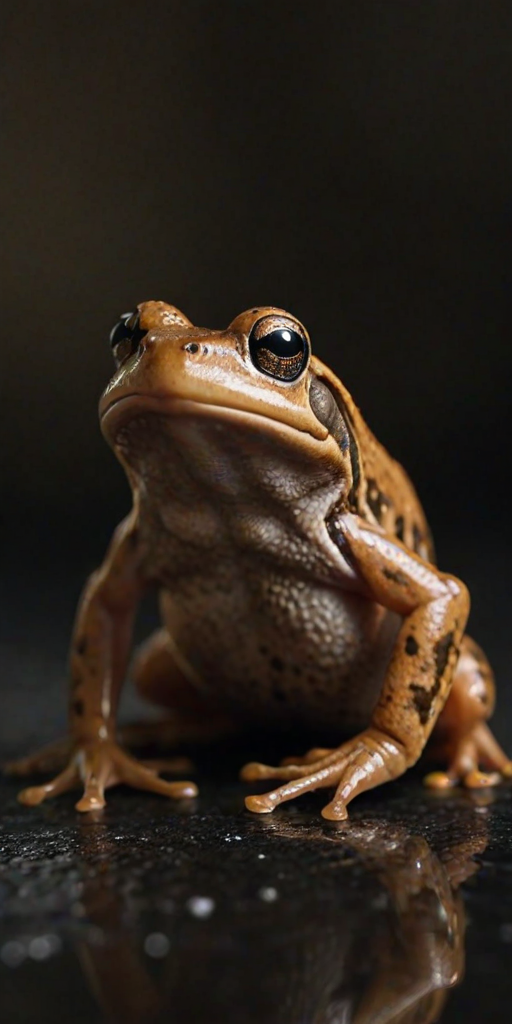 A close-up of a brown frog sitting on a dark surface, with a blurred background and sharp focus on the frog's details.