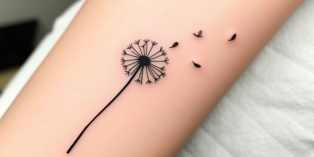 Minimalist fine line tattoo called "Whispered Memories" depicting a delicate silhouette of a dandelion with seeds floating away in the wind, rendered in ultra-thin black lines for a subtle and elegant effect