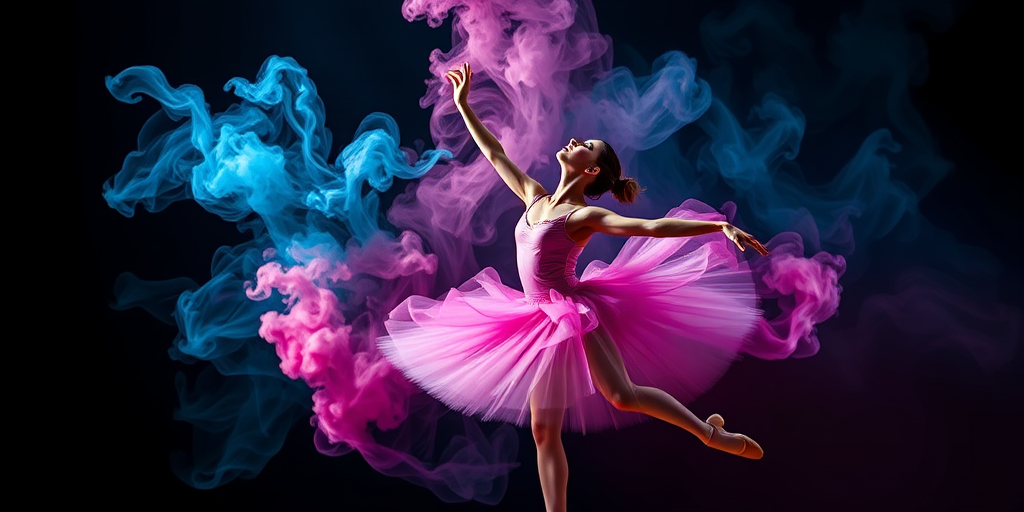 Regenerate the image of a ballet dancer in motion with swirling colorful smoke, captured using a DSLR camera, 85mm lens, f/1.8 aperture, ISO 200, shutter speed 1/200s, in dramatic side lighting to enhance the fluidity and colors in a dark background.