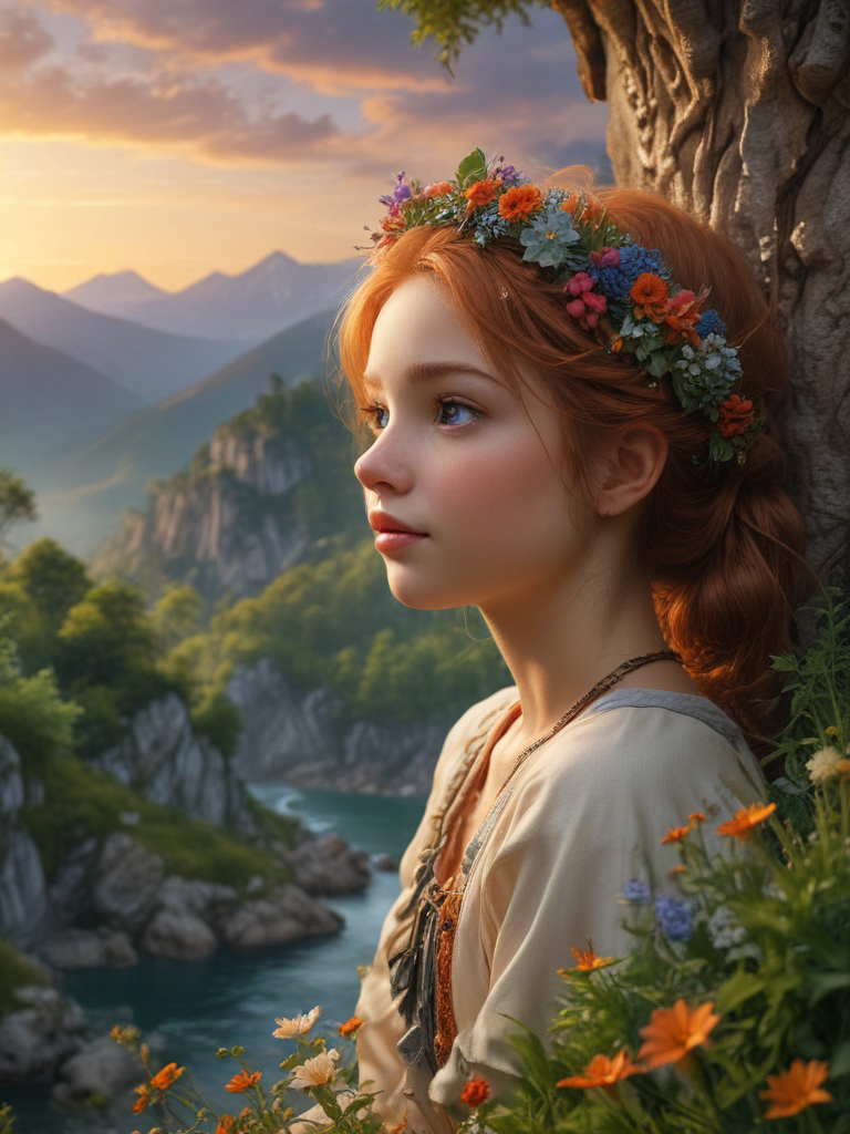Enchanting Portrait of a Young Girl with Floral Crown by a Serene River