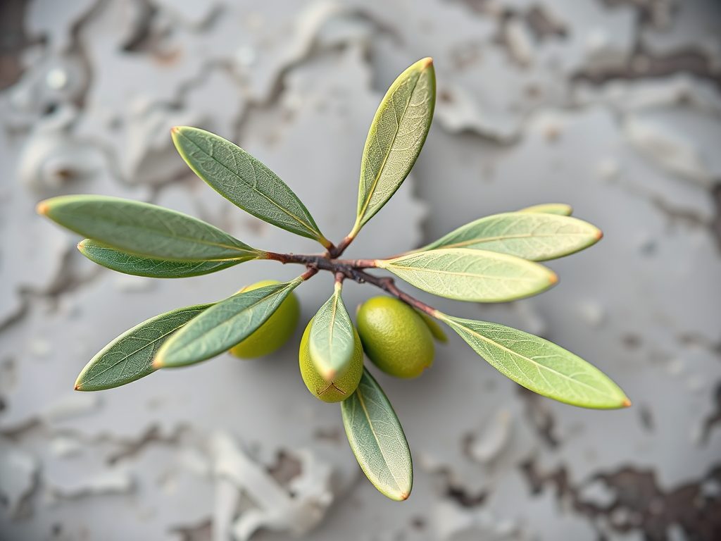 regenerate the image of a stylized olive branch with leaves, using a DSLR camera, 50mm lens, aperture f/2.8, ISO 100, natural lighting, top-down view, high-resolution output