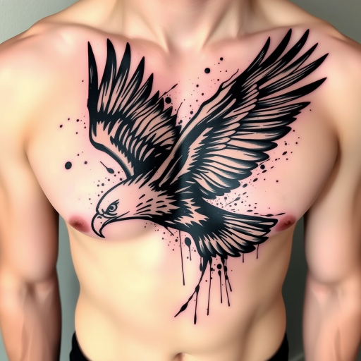 Dynamic brush stroke tattoo of a soaring eagle across the chest, utilizing bold, expressive lines and splatters to capture the bird's movement and power in an artistic, abstract style