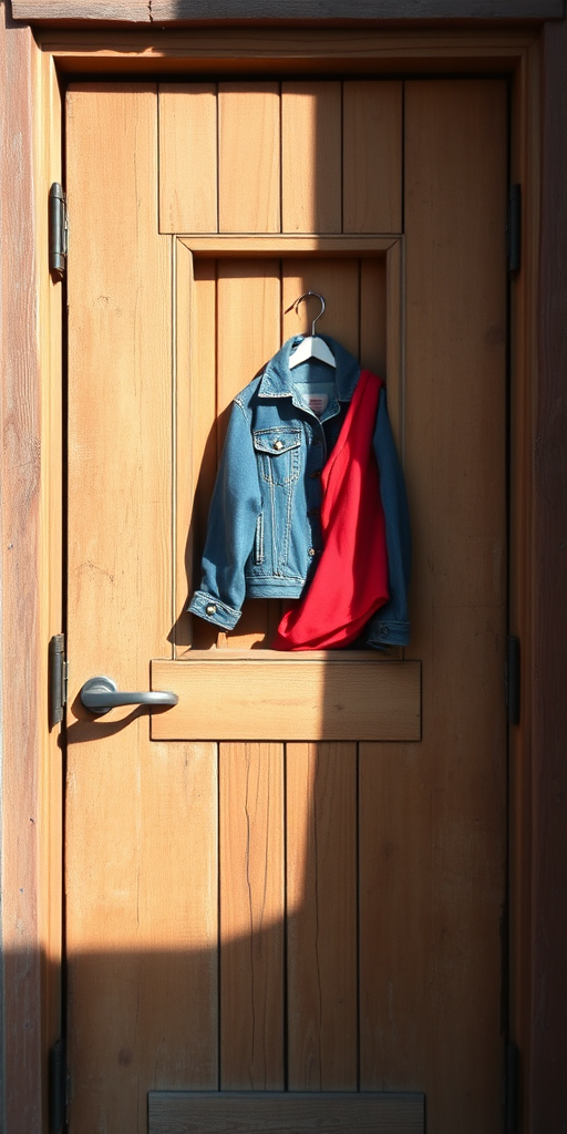 Create an image of a rustic wooden door with a small square window, a denim jacket hanging inside, and a red piece of fabric draped outside; use a DSLR camera with a 50mm lens, aperture set to f/1.8 for a shallow depth of field, and shoot in natural light for enhanced texture and color saturation.