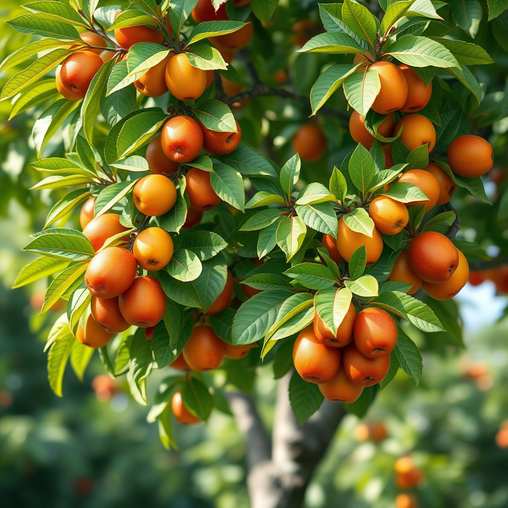 Create a detailed illustration of a flourishing tree with vibrant green leaves and rich, colorful fruits, shot with a DSLR camera at f/8 aperture, ISO 200, 24mm focal length, in natural light with a shallow depth of field for a soft background blur.