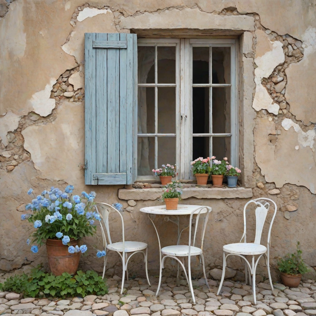 Create an amazing realistic watercolor image, The background is a crumbling wall beige and pale blue with the old wooden window. front of the wall has an old white table with two chairs. The soil is stones. Both of side of the image amazing flowers visible.
