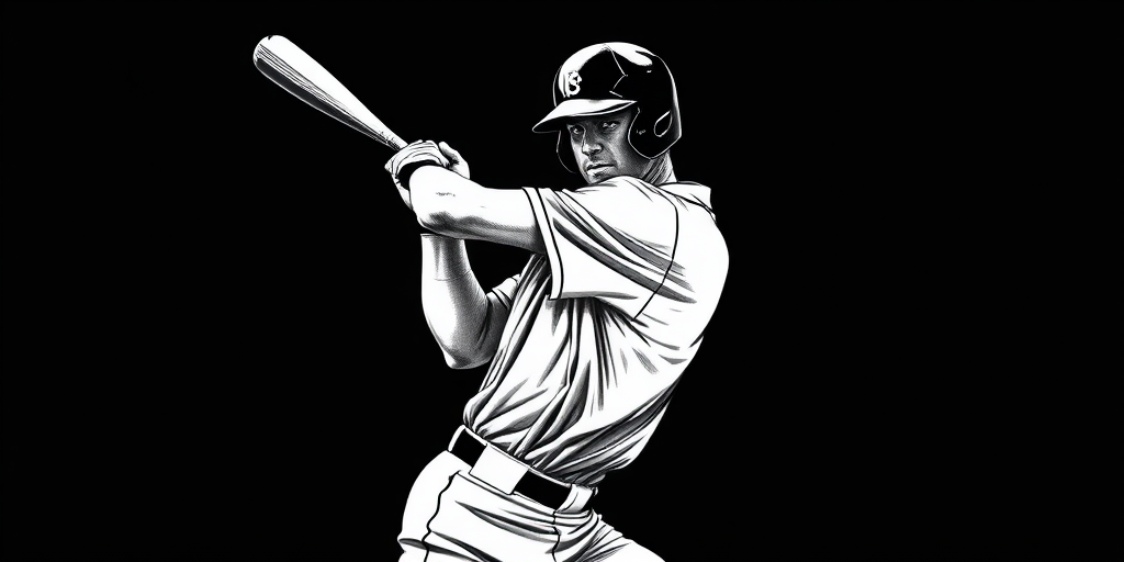 Create a high-resolution black and white illustration of a baseball player poised to bat, DSLR camera, 50mm lens, f/2.8 aperture, ISO 100, natural light, side view for dramatic angle, vintage engraving style.