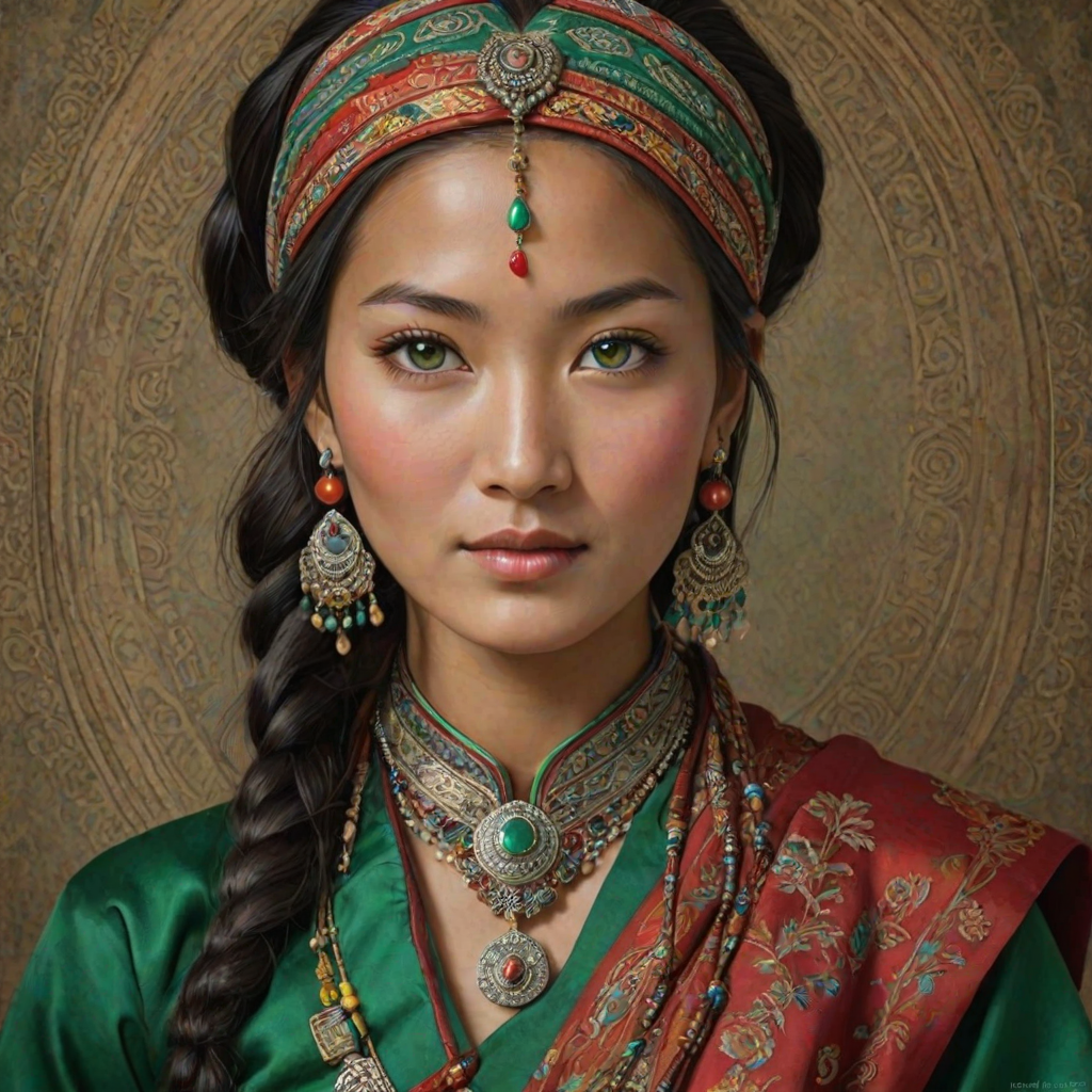 Create a portrait of a beautiful Tibetan woman with striking green eyes and a gentle expression. She is adorned in traditional attire with intricate patterns, including a richly embroidered headscarf and matching garments. Her jewelry includes a delicate headpiece, dangling earrings, and ornate bracelets, all featuring vibrant gemstones and detailed metalwork. The background is soft and warm, enhancing the rich colors of her outfit and jewelry.