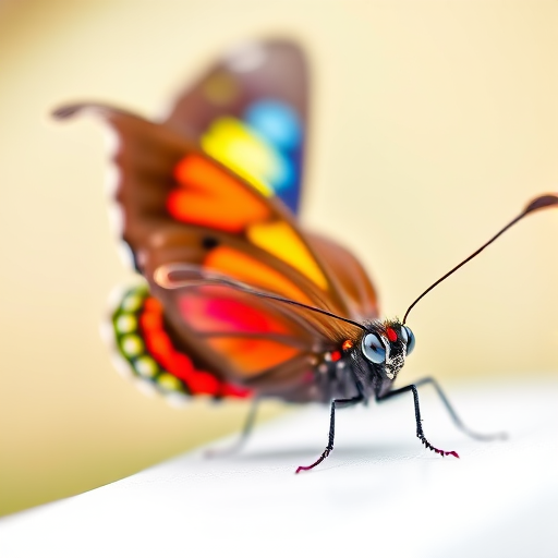Close-up of a colorful butterfly resting on a white surface, macro lens 100mm, f/2.8 aperture, ISO 100, natural light, shallow depth of field, soft background blur, Canon EOS 5D Mark IV.