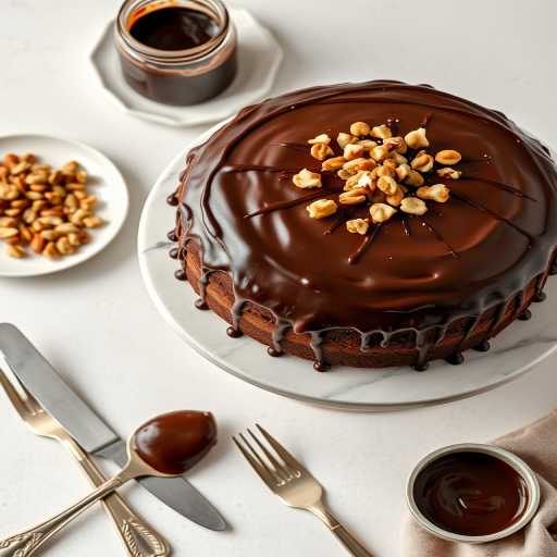 A round chocolate cake with smooth frosting drizzled with chocolate and topped with nuts placed on a marble cake stand surrounded by a plate of nuts a jar of chocolate spread a knife and vintage forks on a light textured surface