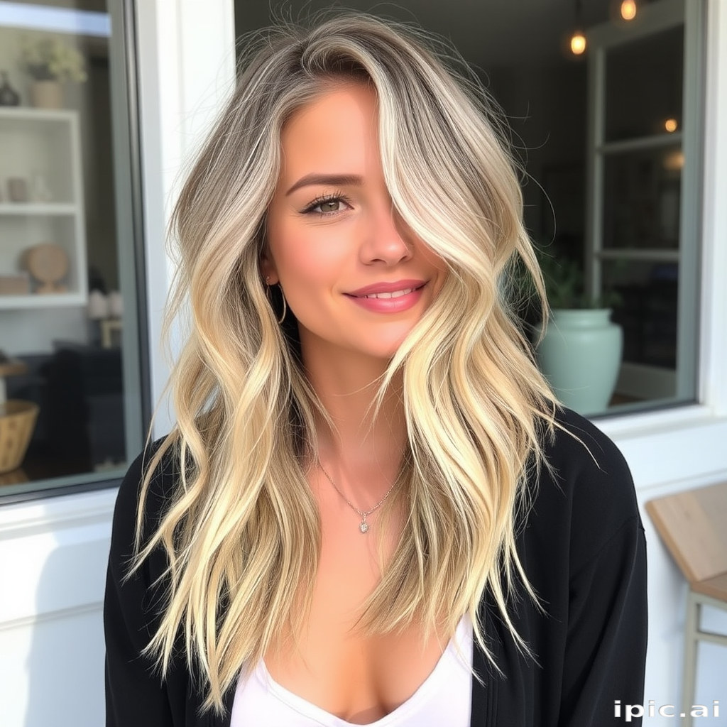 Chic ash blonde rocking a tousled lob with sun-kissed balayage, perfect for a beachy, carefree vibe and effortless elegance