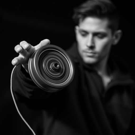 Capture a high-contrast black and white image of a performer skillfully manipulating a yoyo, using a Canon EOS R5 with a 50mm f/1.2 lens, aperture set to f/2.8, ISO 100, and a shutter speed of 1/500 sec, with a shallow depth of field and a soft focus background.