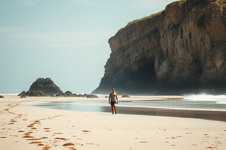 A person walking on a sandy beach near a rocky cliff, captured with a full-frame DSLR camera, 35mm focal length, aperture f/4, ISO 200, soft natural lighting for enhanced detail and texture in the background.