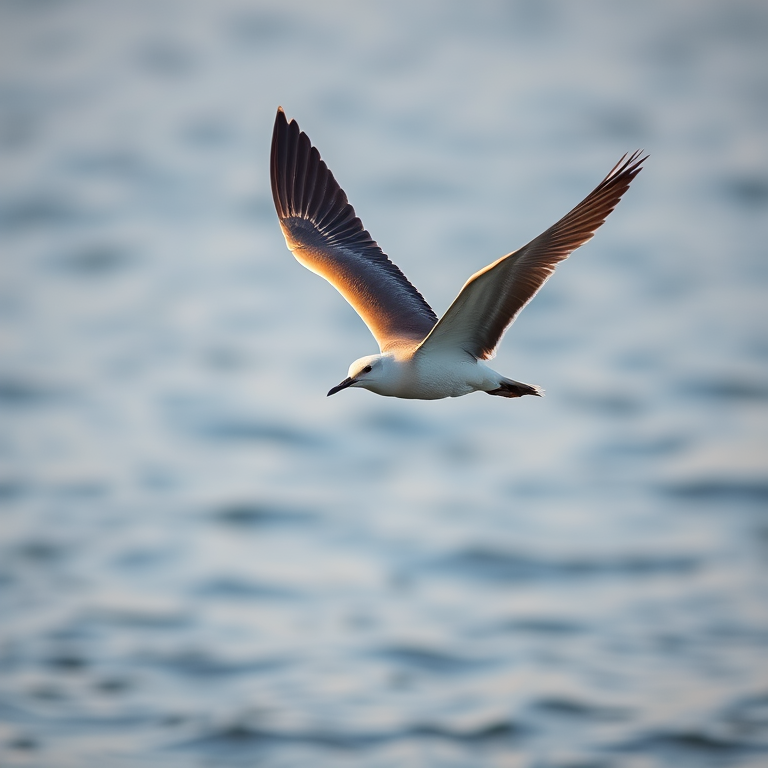 Capture a detailed image of a flying bird over a serene body of water, using a Canon EOS-1D X Mark III with a 200mm f/2.0 lens, set at ISO 400, aperture f/4, shutter speed 1/2000s, in a shallow depth of field for sharp focus on the bird against a softly blurred background.
