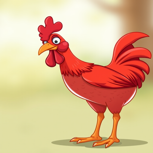 Create a vibrant, cartoon-style illustration of a red chicken standing upright with a playful expression, using a Canon EOS R5 camera with a 50mm lens, f/2.8 aperture, ISO 100, and a shallow depth of field to enhance the quality and detail.
