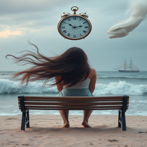 Create a surreal image of a person sitting on a beach bench with a clock floating above, incorporating waves of hair that blend into the sea, ethereal elements like a ship and mystical creatures, with a focus on a dreamy atmosphere; use a DSLR camera, 50mm lens, f/1.8 aperture, ISO 100, and a soft focus for a serene effect.