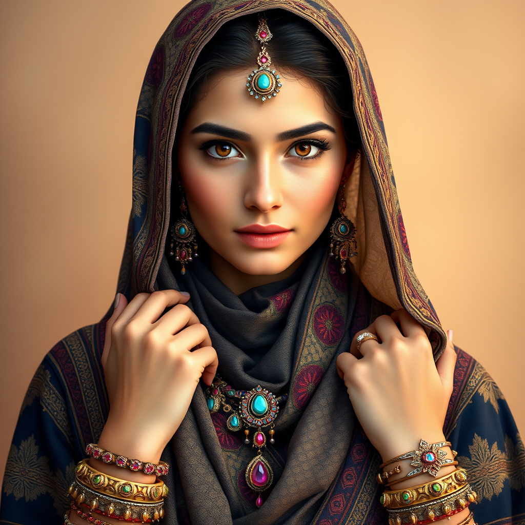 Create a portrait of a beautiful Middle Eastern woman with striking brown eyes and a gentle expression. She is adorned in traditional attire with intricate patterns, including a richly embroidered headscarf and matching garments. Her jewelry includes a delicate headpiece, dangling earrings, and ornate bracelets, all featuring vibrant gemstones and detailed metalwork. The background is soft and warm, enhancing the rich colors of her outfit and jewelry.
