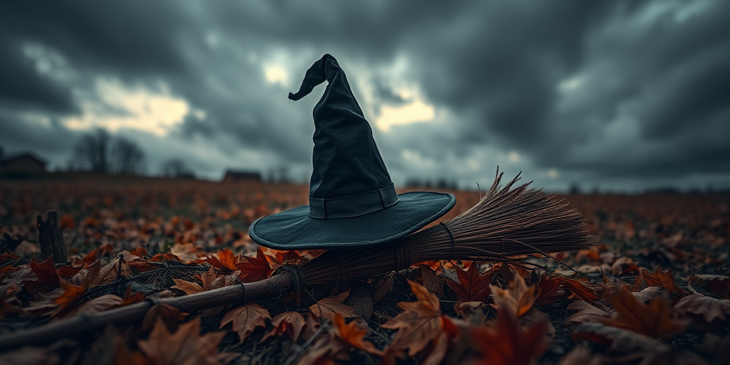 A spooky witch's hat perched on a broomstick among autumn leaves in a dark, moody landscape, shot with a Canon EOS R5 at f/2.8, ISO 200, 1/125 sec, with a wide-angle lens from a low angle to emphasize the foreground, capturing rich colors and dramatic clouds.