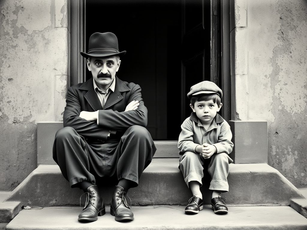 A black-and-white photograph of a man and a child sitting on steps in front of a doorway. The man is dressed as a tramp with a bowler hat, mustache, and ragged clothes, reminiscent of Charlie Chaplin's iconic look. He is sitting with his arms crossed and an expression of slight sadness or frustration. Next to him is a young boy, also in worn clothes and a cap, sitting with his hands clasped, looking thoughtful. The background is an old, textured wall and a partially open door, creating a vintage, early 20th-century atmosphere.