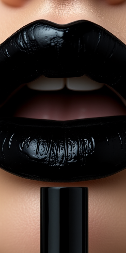 Dramatic "Velvet Noir" lip stain delivering intense black pigmentation with a velvety finish, perfect for gothic and high-fashion looks that demand ultimate impact