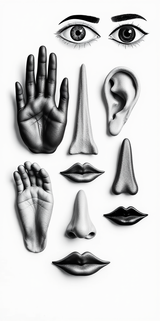 create a high-contrast black and white illustration of abstract body parts including eyes, hands, feet, ears, mouths, and noses, use a Canon EOS 5D Mark IV with a 50mm lens, aperture f/8, shutter speed 1/125s, ISO 100, shot from a top-down perspective with a clean, white background for enhanced clarity and detail