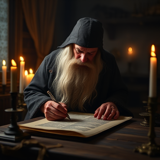 A mysterious figure with a long white beard writes on an ancient scroll by candlelight in a dimly lit room, soft focus, aperture f/1.8, shutter speed 1/50, ISO 400, standard lens, DSLR camera, warm color palette.