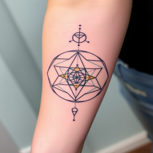 Mystical "Sacred Geometry" tattoo combines precise linework with subtle gradients to create a harmonious and balanced design. Interlocking circles, triangles, and hexagons form complex patterns, while soft lavender and mint hues add a touch of otherworldliness. This spiritual and mathematical-inspired piece is perfect for those seeking a tattoo with deeper meaning and visual appeal.