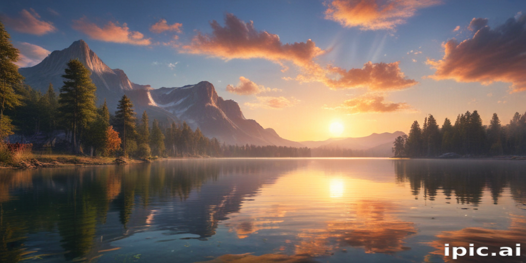 Majestic Sunrise Over Serene Lake Surrounded by Lush Mountain Landscape