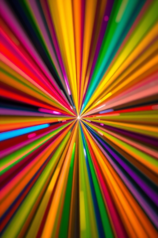 Create an abstract burst of colorful rays emanating from a central point, using a high-resolution camera with a 50mm lens, aperture set to f/1.8, ISO 100, in a macro perspective to enhance vivid details and depth.