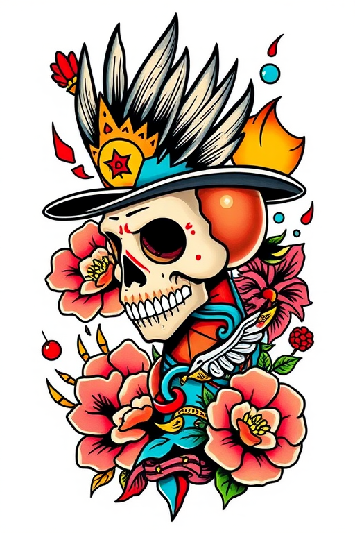 Traditional American tattoo reimagined with a modern twist, featuring bold linework and vibrant colors in a mashup of classic motifs and contemporary pop culture references