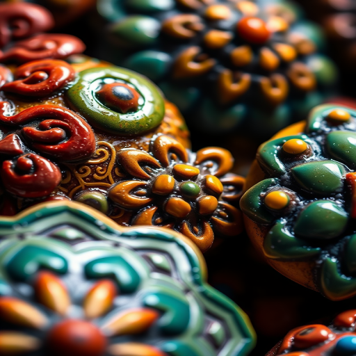 Create a high-resolution close-up of colorful and intricate embossed ceramic patterns and designs, captured with a Canon EOS R5 camera at f/2.8, ISO 100, 50mm lens, in macro view with vibrant lighting to enhance texture and saturation.