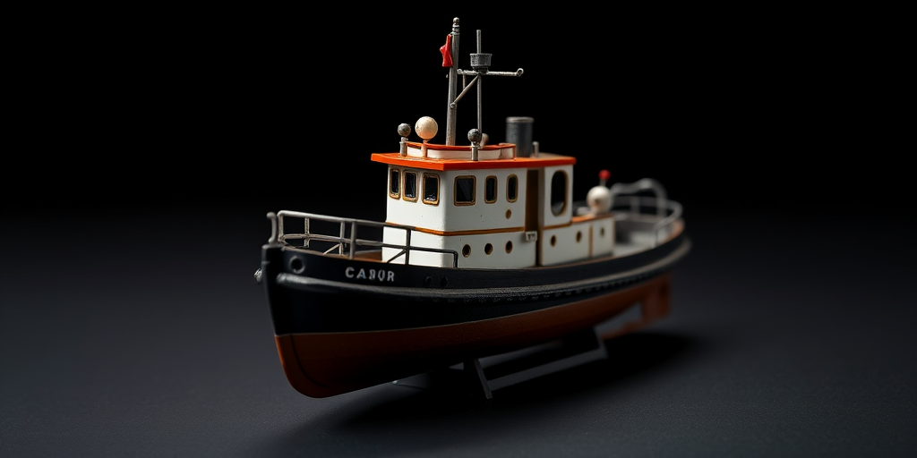 Create a highly detailed image of a vintage tugboat model, captured with a Canon EOS R5 camera, using a 50mm f/1.2 lens at f/8 aperture, ISO 100, 1/125 sec shutter speed, in a well-lit studio setting with a black background for contrast and clarity.