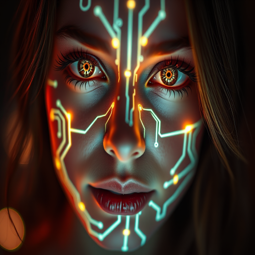 Close-up portrait of a woman with glowing circuitry patterns overlaying her face, emphasizing her radiant eyes, photographed with a Canon EOS R5, 85mm f/1.2 lens, aperture at f/1.2, ISO 100, and a soft focus style with dramatic high contrast lighting.