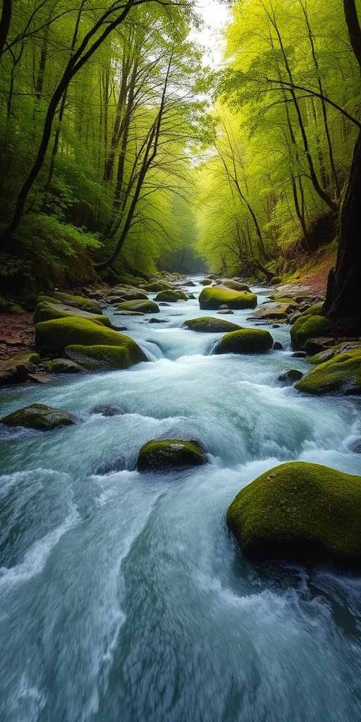 Capture a vibrant landscape of a flowing river through a lush green forest with moss-covered rocks, using a DSLR camera set to f/11, ISO 100, shutter speed 1/4 sec, wide-angle lens, natural lighting, low-angle view for depth and clarity.