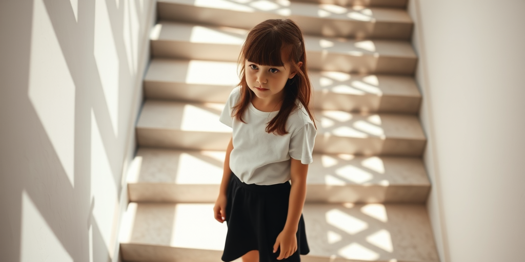 A young girl in a white t-shirt and black skirt standing on a staircase illuminated by patterned shadows, shot with a Canon 50mm lens at f/1.8, ISO 100, 1/200s, natural light, capturing a soft focus with bright highlights and deep shadows.