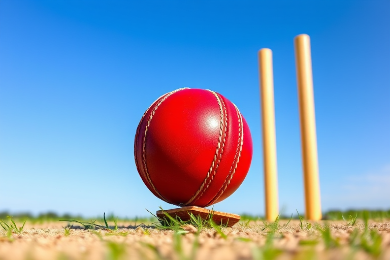 Create a vector graphic illustration of a cricket scene featuring a red cricket ball and wooden stumps set against a clear blue sky, using a DSLR camera with a 50mm lens, aperture f/2.8, 1/200s shutter speed, and ISO 100 to enhance color vibrancy and depth of field.