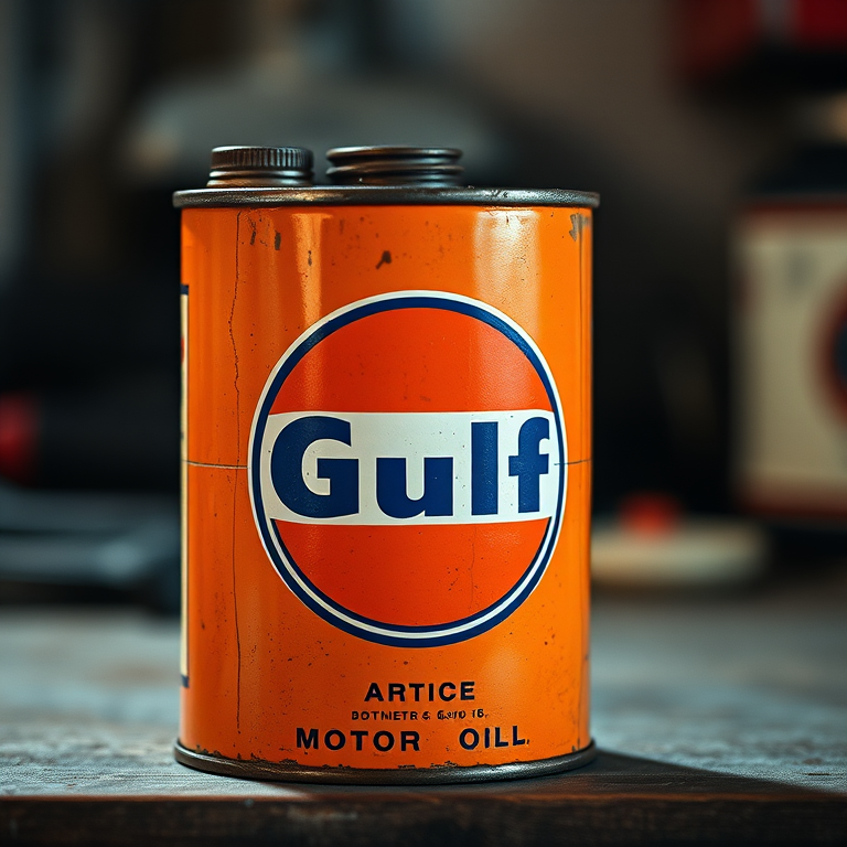 Regenerate the image of a vintage Gulf motor oil can, emphasizing the orange and blue colors with sharp focus and high contrast, captured using a DSLR camera with a 50mm lens, aperture f/2.8, ISO 100, and a shallow depth of field to create a soft background blur.