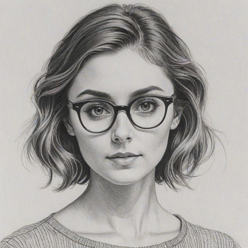 Enticing Alyson Stoner, pencil sketch, portrait of Alluring woman 1960s in glasses, hair style beatnik, outline, clear lines, fine lines, 8k