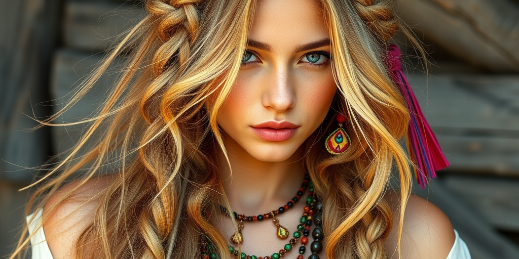 Bohemian beauty with long, tousled honey blonde locks adorned with intricate braids and adorned with colorful boho-inspired accessories