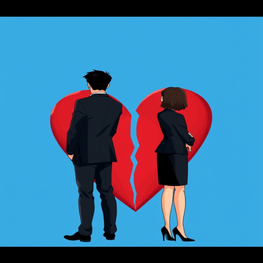 Create an illustration of a couple standing back to back in front of a large broken heart, with the man in a black suit and the woman in a black business outfit, convey emotions of distance and separation, use a bright blue background, camera settings: ISO 100, aperture f/8, shutter speed 1/125, shot with a DSLR camera, wide-angle lens for a vibrant and clear image.