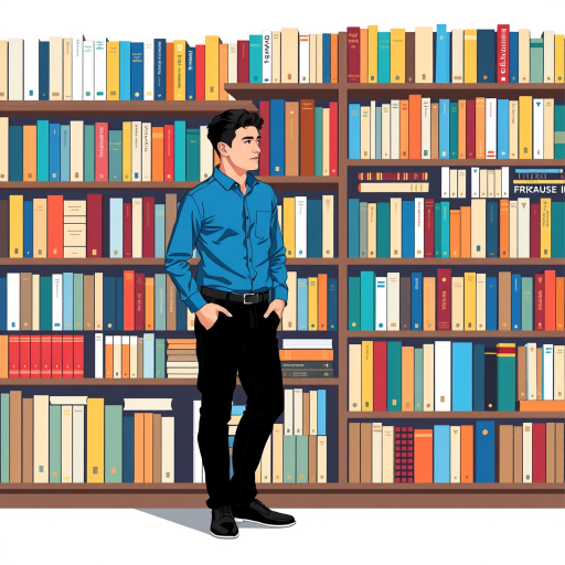 Create a digital illustration of a man in a blue shirt and black pants standing next to a colorful bookshelf filled with books, using a camera type of DSLR, camera style of flat lay, camera settings of f/4, ISO 200, shutter speed 1/100s, and an aperture of 50mm to enhance image quality.