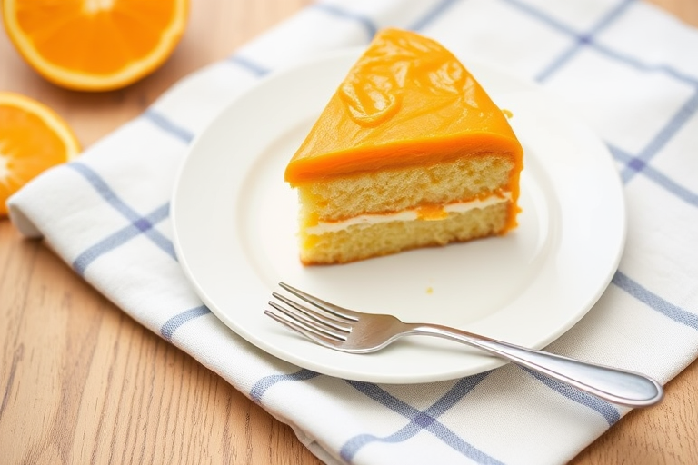A slice of cake with orange frosting on a white plate placed on a striped cloth with orange slices in the background and a fork beside the plate.