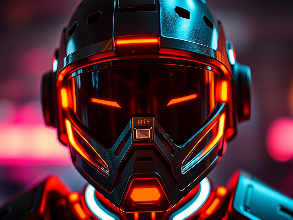 Create a high-quality image of a futuristic armored helmet with neon lighting effects in a close-up shot, using a Canon EOS R5, 50mm lens at f/1.8, ISO 100, shutter speed 1/200, with dramatic backlighting and a soft-focus background to enhance the neon colors and metallic textures.
