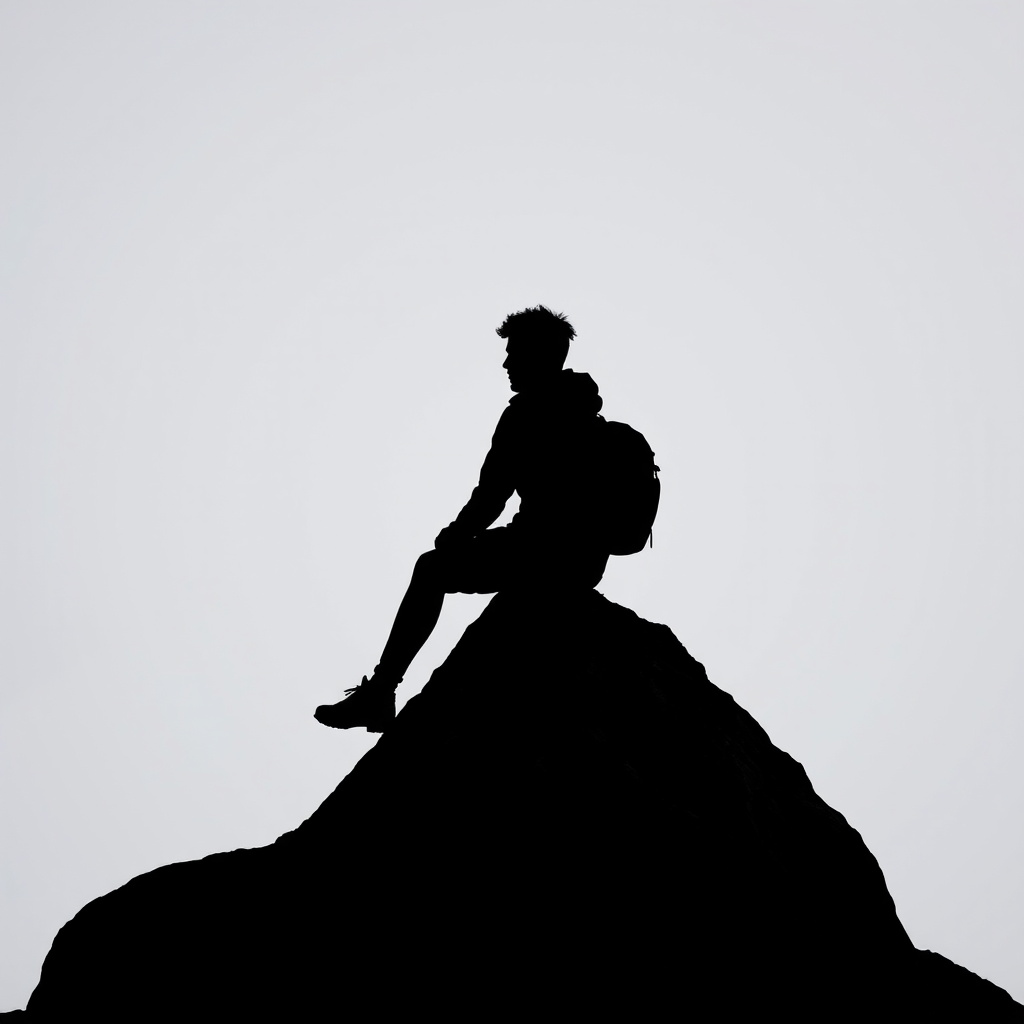Create a high-resolution image of a stylized black silhouette of a person sitting on a rock with a backpack, against a minimalist background, using a DSLR camera with a 50mm lens, aperture f/1.8, shutter speed 1/200s, ISO 100, shooting in portrait mode for a soft focus effect.