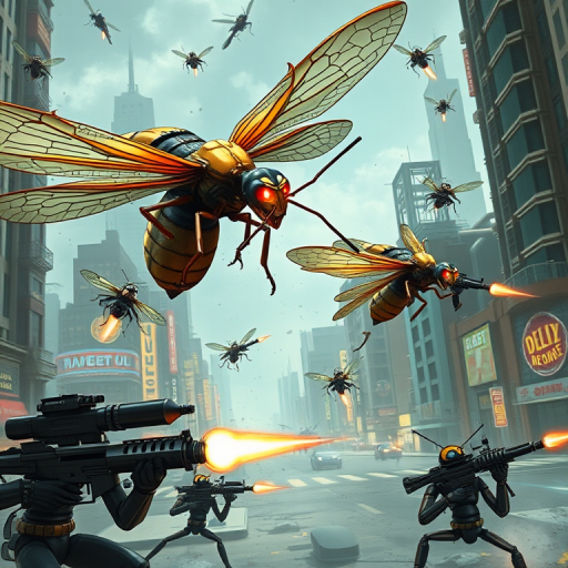 A squad of flying insect commandos, with a massive dragonfly wielding a railgun and smaller wasps armed with plasma pistols, soar through a war-torn cityscape. Below, ground forces made up of ants and beetles hold positions with heavy machine guns and rocket launchers, their stances suggesting they're defending a key outpost. The futuristic city is ablaze with battle, neon signs flickering as they dodge incoming fire. The commandos are battle-hardened, with a mix of sci-fi weaponry that feels grounded in both insect capabilities and military technology, creating a thrilling, high-stakes war zone