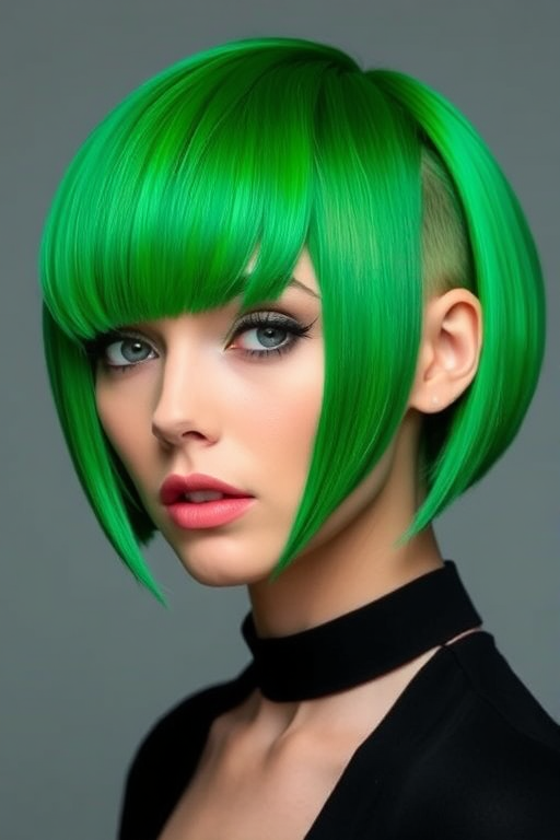 Bold emerald green bob with sleek straight edges, the "Jade Precision" cut offers a futuristic and avant-garde aesthetic for those who dare to stand out