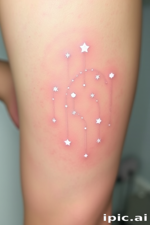 Ethereal white ink tattoo dubbed "Celestial Whisper" depicting a dreamy constellation of stars and delicate wisps of clouds across pale skin, with subtle shading techniques creating a soft, ethereal glow that appears to shimmer in certain lights, perfect for those desiring a subtle and elegant tattoo that appears almost magical in its understated beauty
