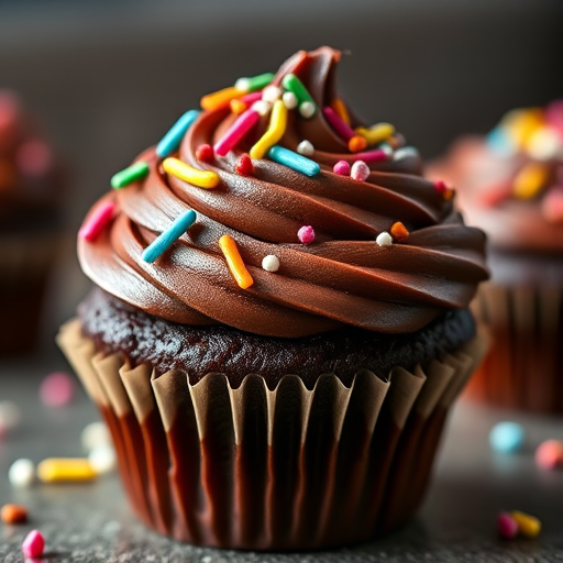 Create a high-resolution image of a chocolate cupcake with colorful sprinkles on top, captured with a Canon EOS 5D Mark IV at f/2.8, ISO 100, 1/200s, in a close-up view with natural lighting.